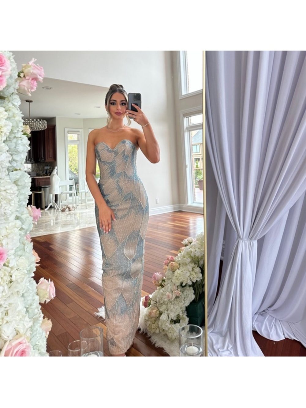 Strapless Sequin Maxi Gown in Champagne and Light Blue